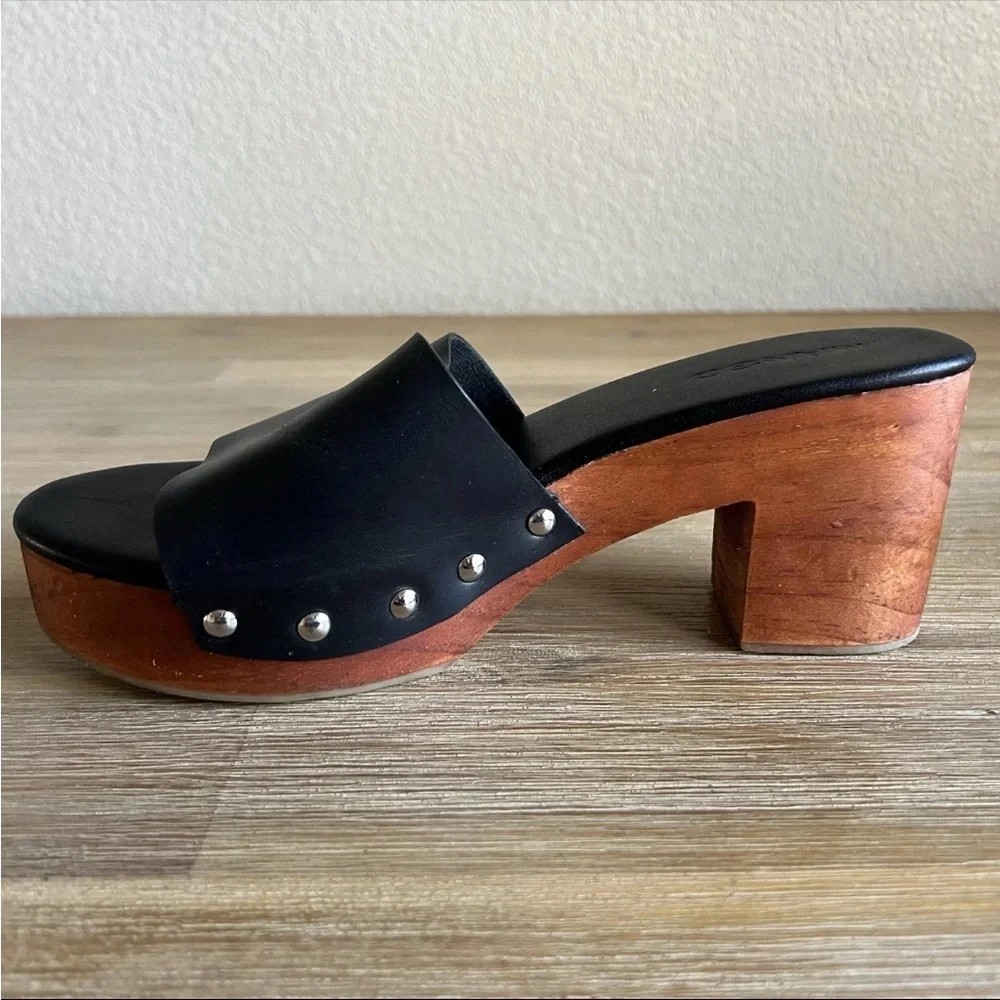 Mango Block Heel Shoes Black Leather Chunky Wood Studded Platform Women’s 7.5